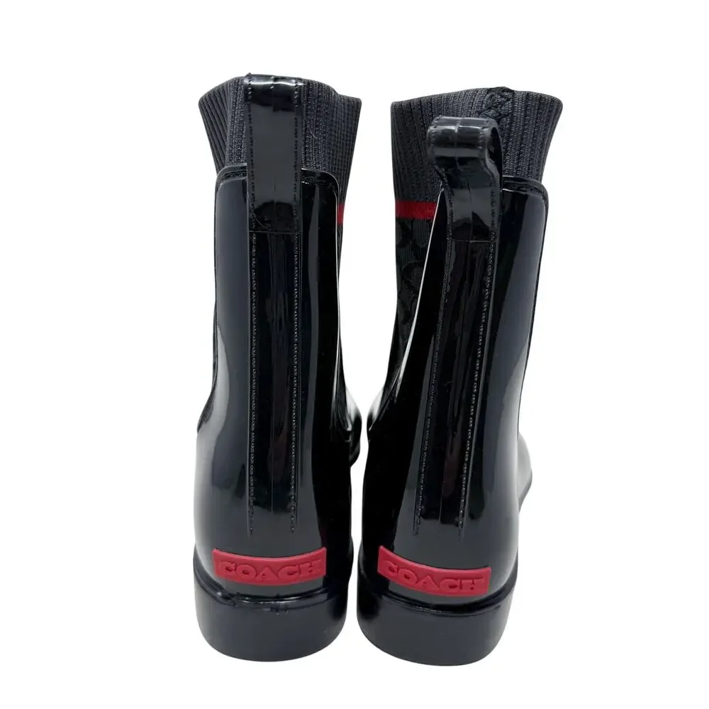 NWOB Coach Black/Red Rubber Chelsea Rain Boots Pull On Women's Size 9 Waterproof - Picture 4 of 8